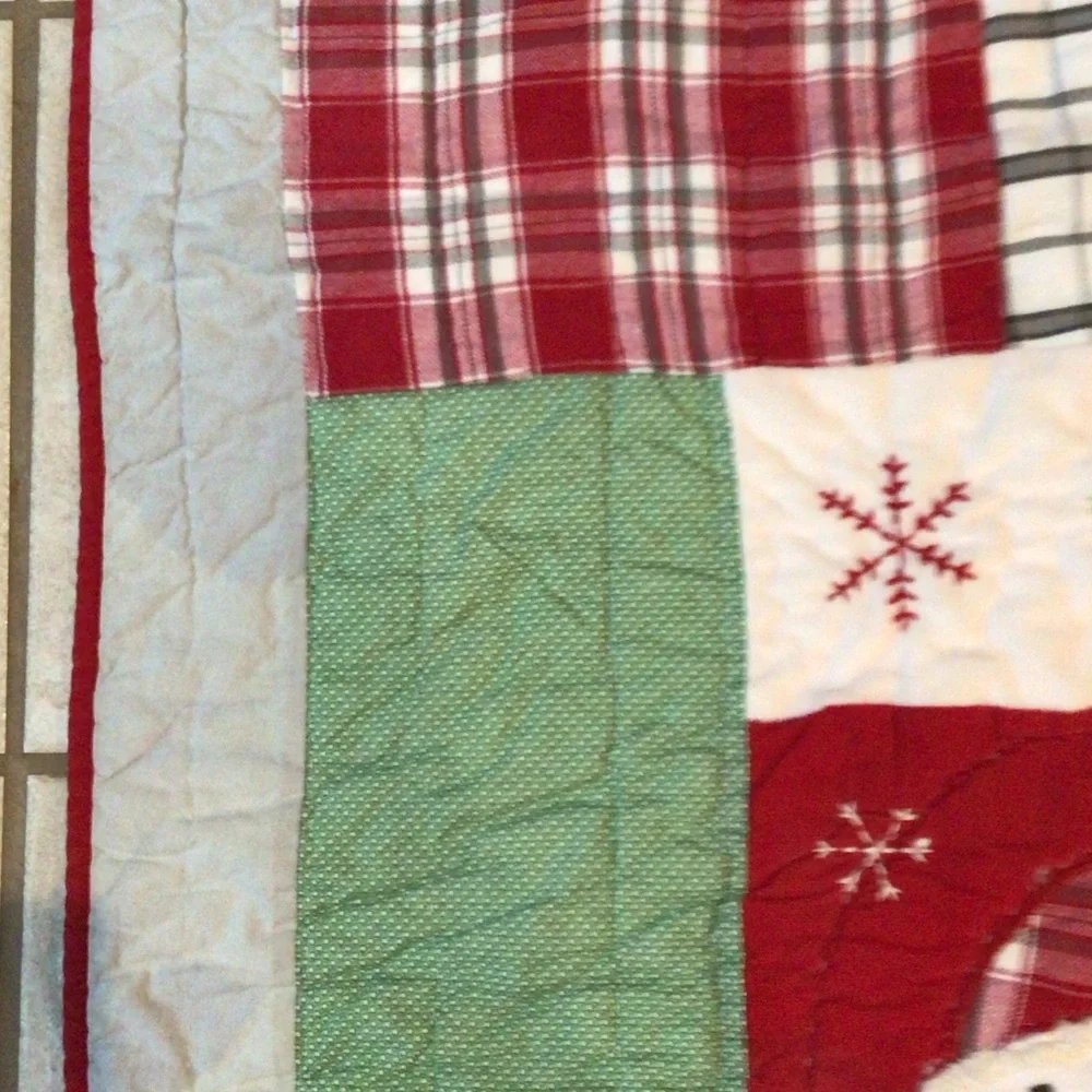 Pottery Barn Kids Holiday Quilt with Santa, Snowman, Reindeer - Red, Green, Gray